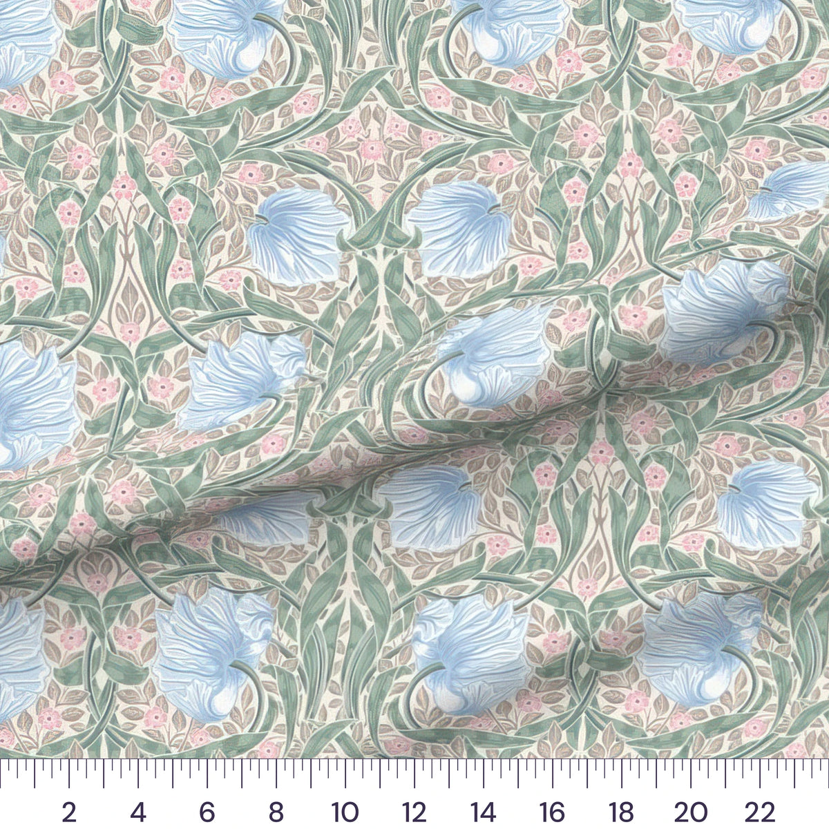 Blue, Sage & Beige William Morris Pimpernel quilting cotton fabric draped close-up