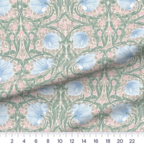 Blue, Sage & Beige William Morris Pimpernel quilting cotton fabric draped close-up