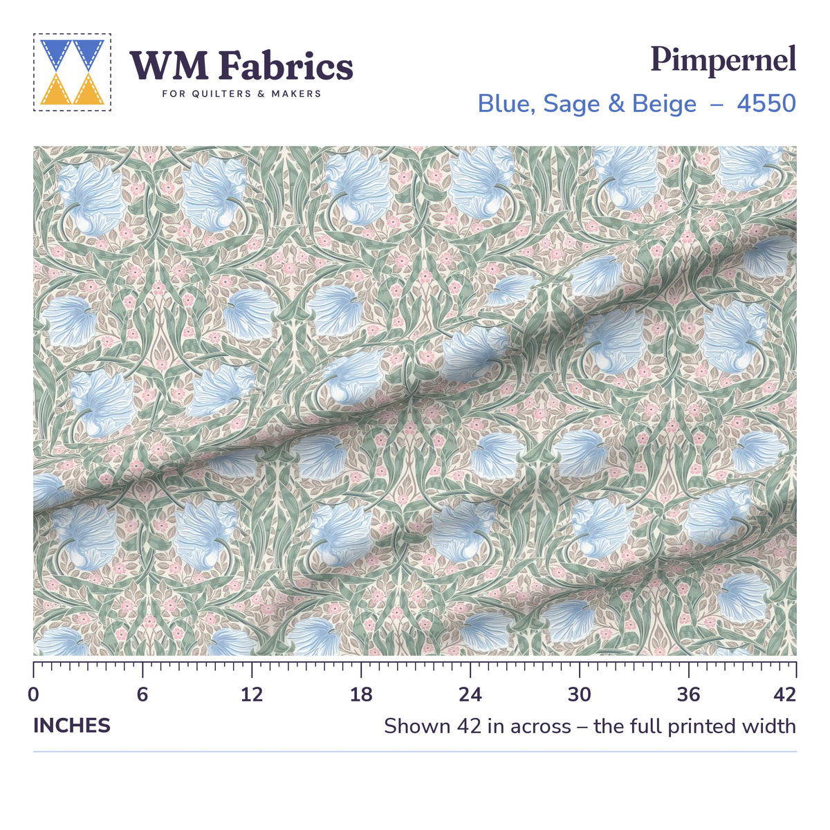 Blue, Sage & Beige William Morris Pimpernel fabric shown 42 inches across with a ruler for true print scale