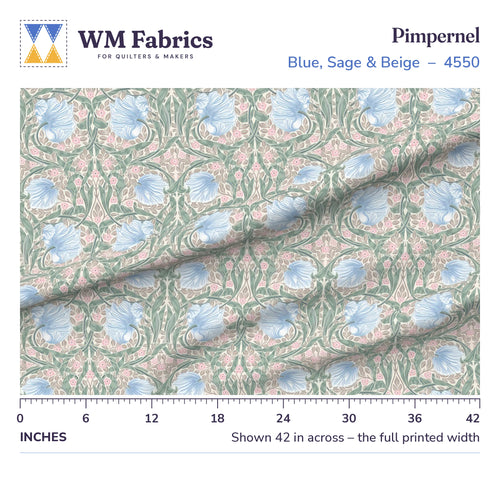 Blue, Sage & Beige William Morris Pimpernel fabric shown 42 inches across with a ruler for true print scale