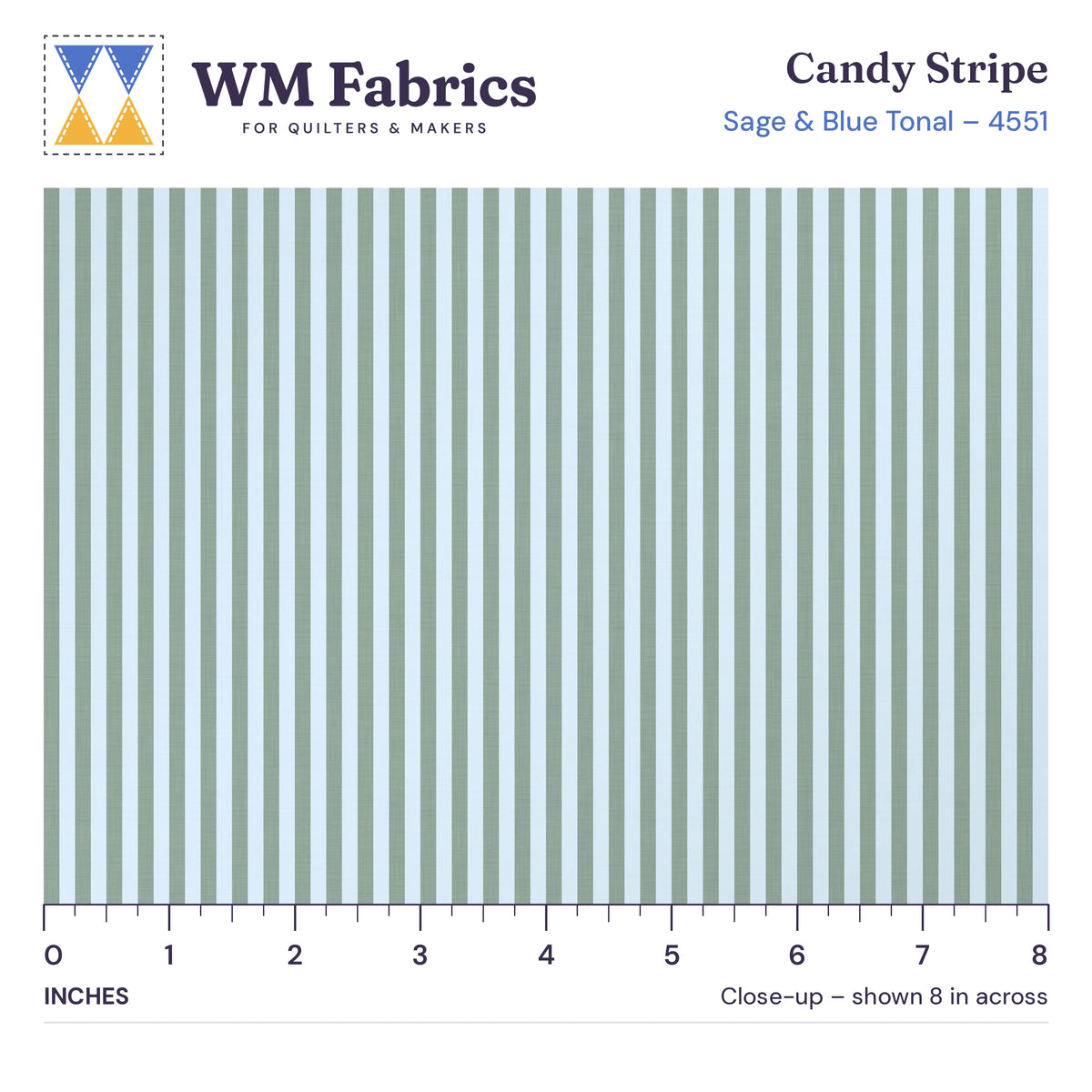 8 inch close-up of Sage & Blue Tonal Candy Stripe quilting cotton with an inch ruler showing the true size of the print