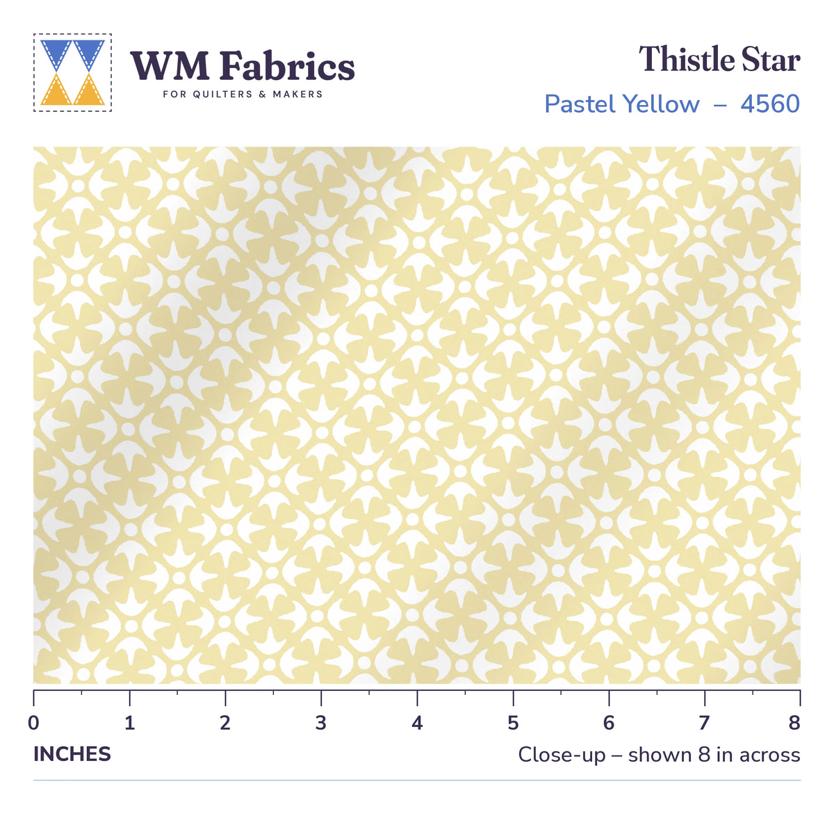 8 inch close-up of Thistle Star Pastel Yellow quilting cotton with a ruler showing the true size of the print