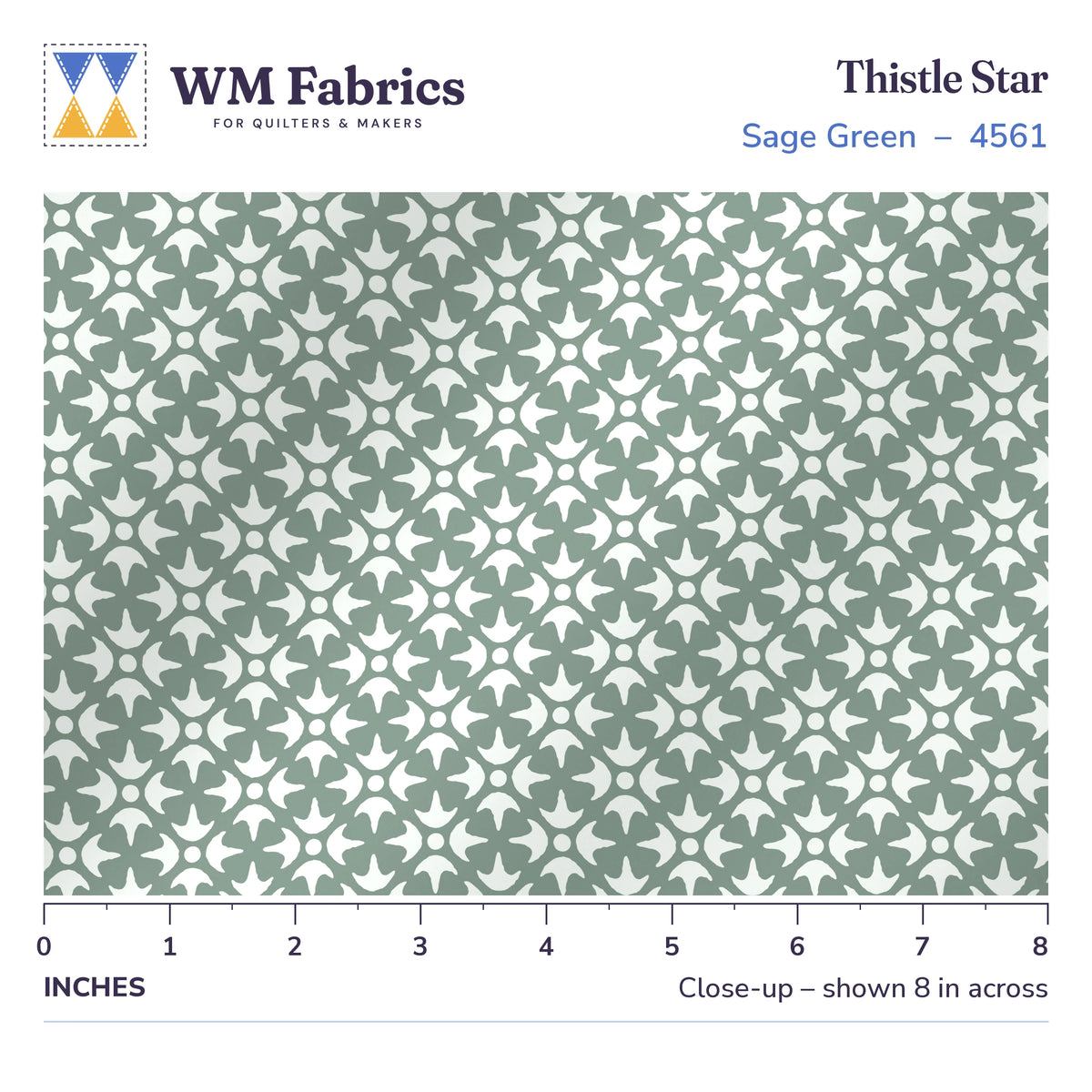 8 inch close-up of Thistle Star Sage Green quilting cotton with a ruler showing the true size of the print
