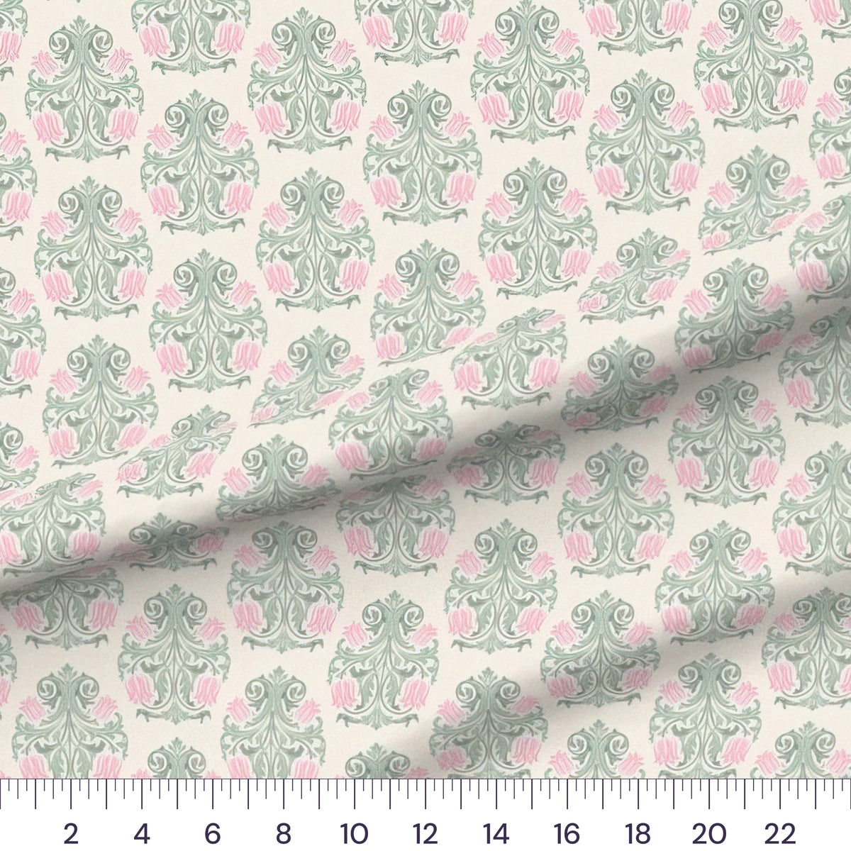 Blush & Sage Arts and Crafts Damask quilting cotton fabric draped close-up