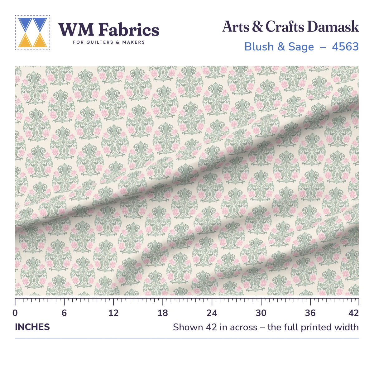 Blush & Sage Arts and Crafts Damask fabric shown 42 inches across with a ruler for true print scale