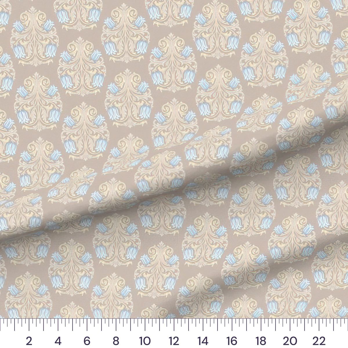 Taupe & Blue Arts and Crafts Damask quilting cotton fabric draped close-up