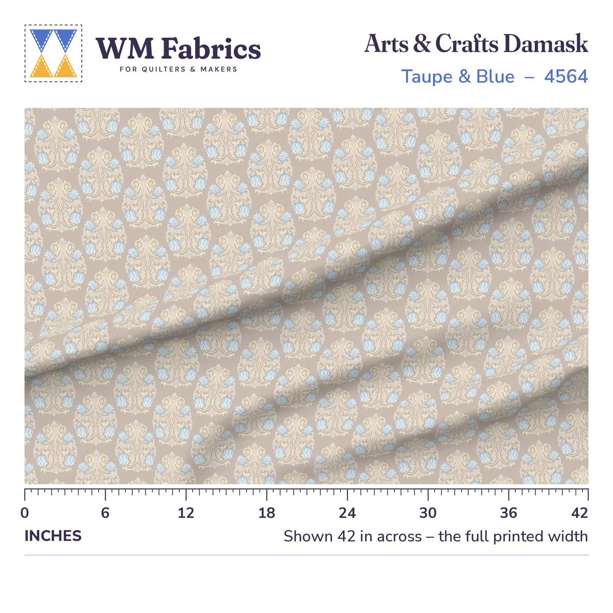 Taupe & Blue Arts and Crafts Damask fabric shown 42 inches across with a ruler for true print scale
