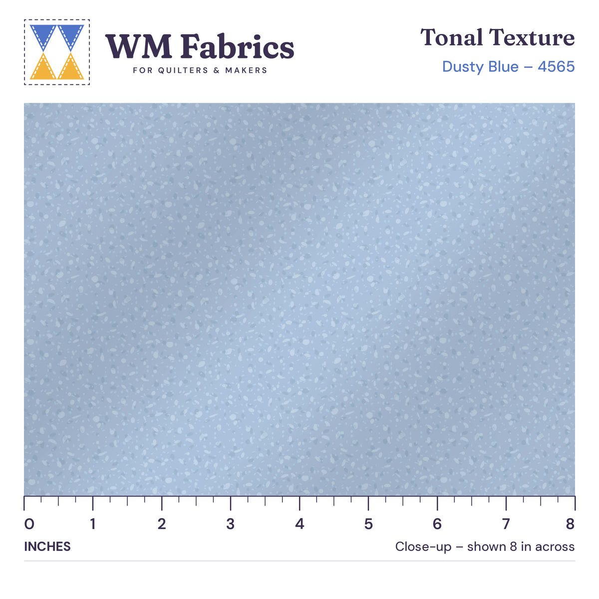8 inch close-up of Dusty Blue Tonal Texture quilting cotton with an inch ruler showing the true size of the print