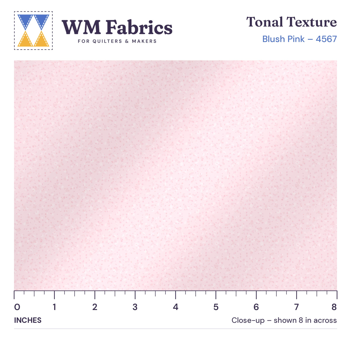 8 inch close-up of Blush Pink Tonal Texture quilting cotton with an inch ruler showing the true size of the print