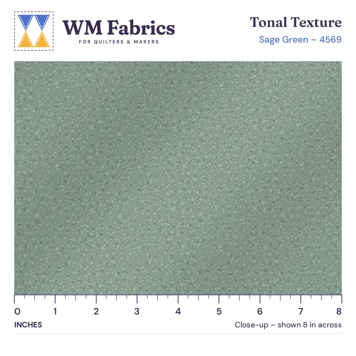 8 inch close-up of Sage Green Tonal Texture quilting cotton with an inch ruler showing the true size of the print