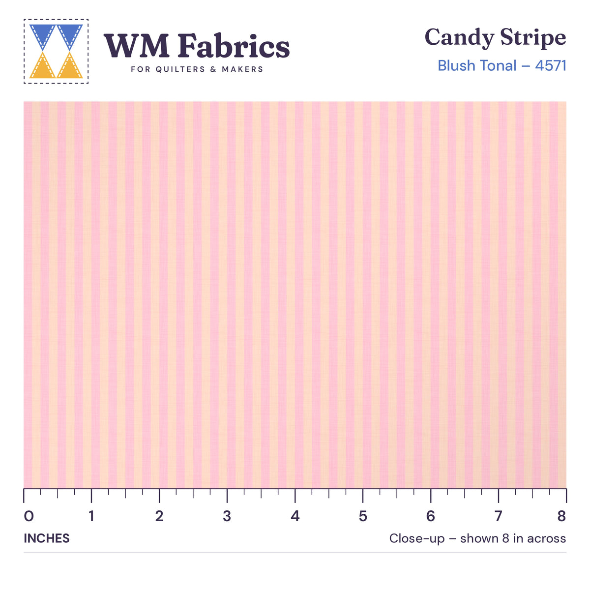 8 inch close-up of Blush Tonal Candy Stripe quilting cotton with an inch ruler showing the true size of the print