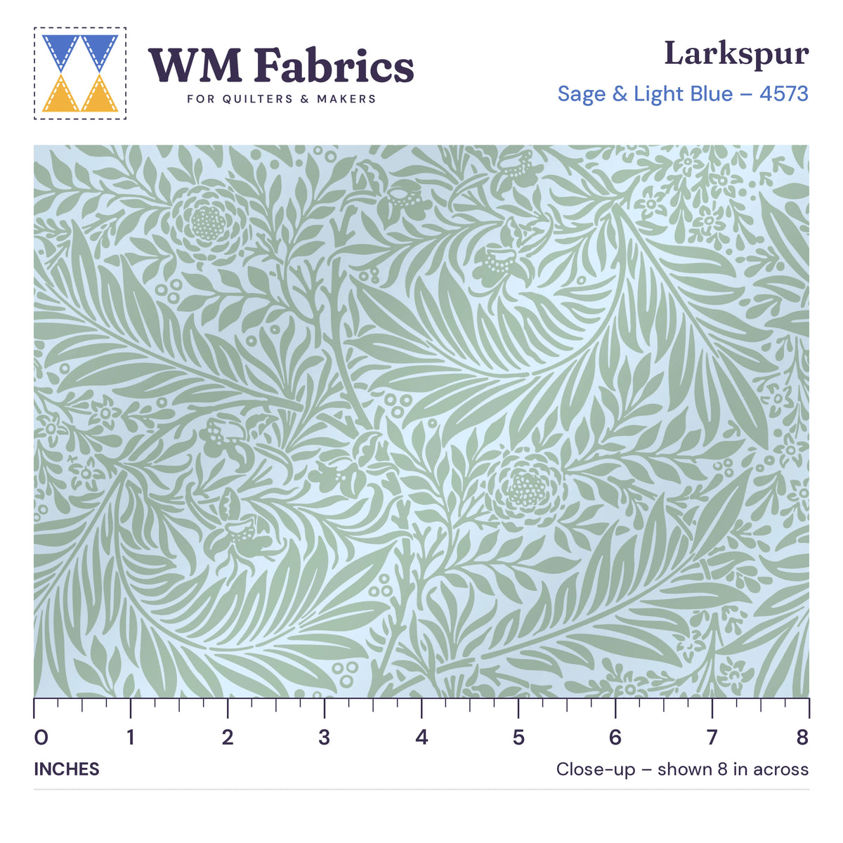 8 inch close-up of Sage & Light Blue William Morris Larkspur quilting cotton with an inch ruler showing the true size of the print