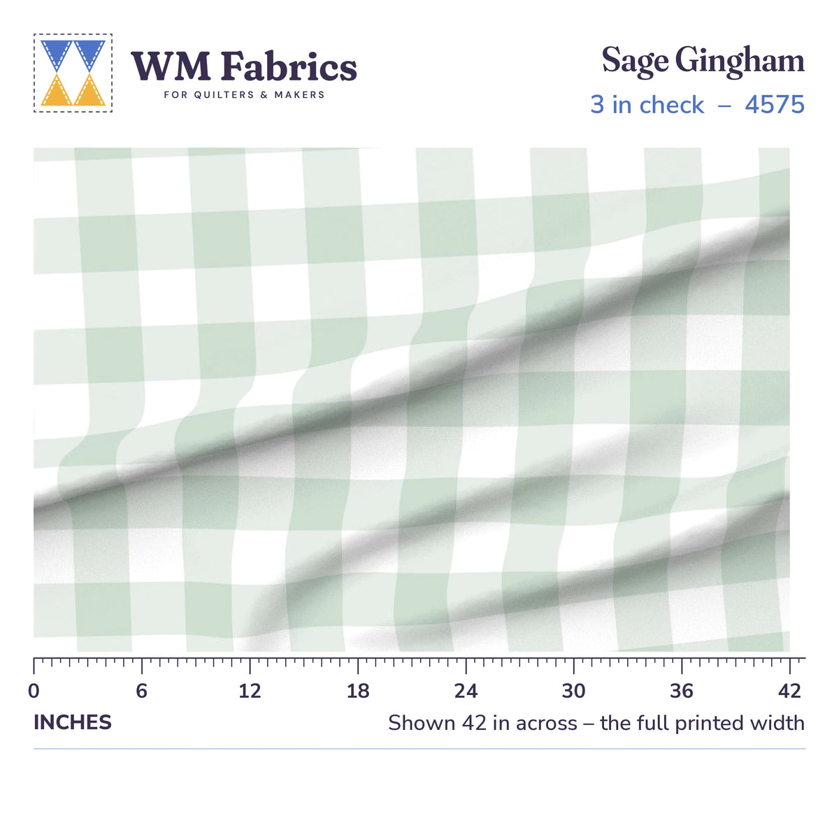 Sage green gingham, 3 inch check, shown 42 inches across with a ruler for true print scale
