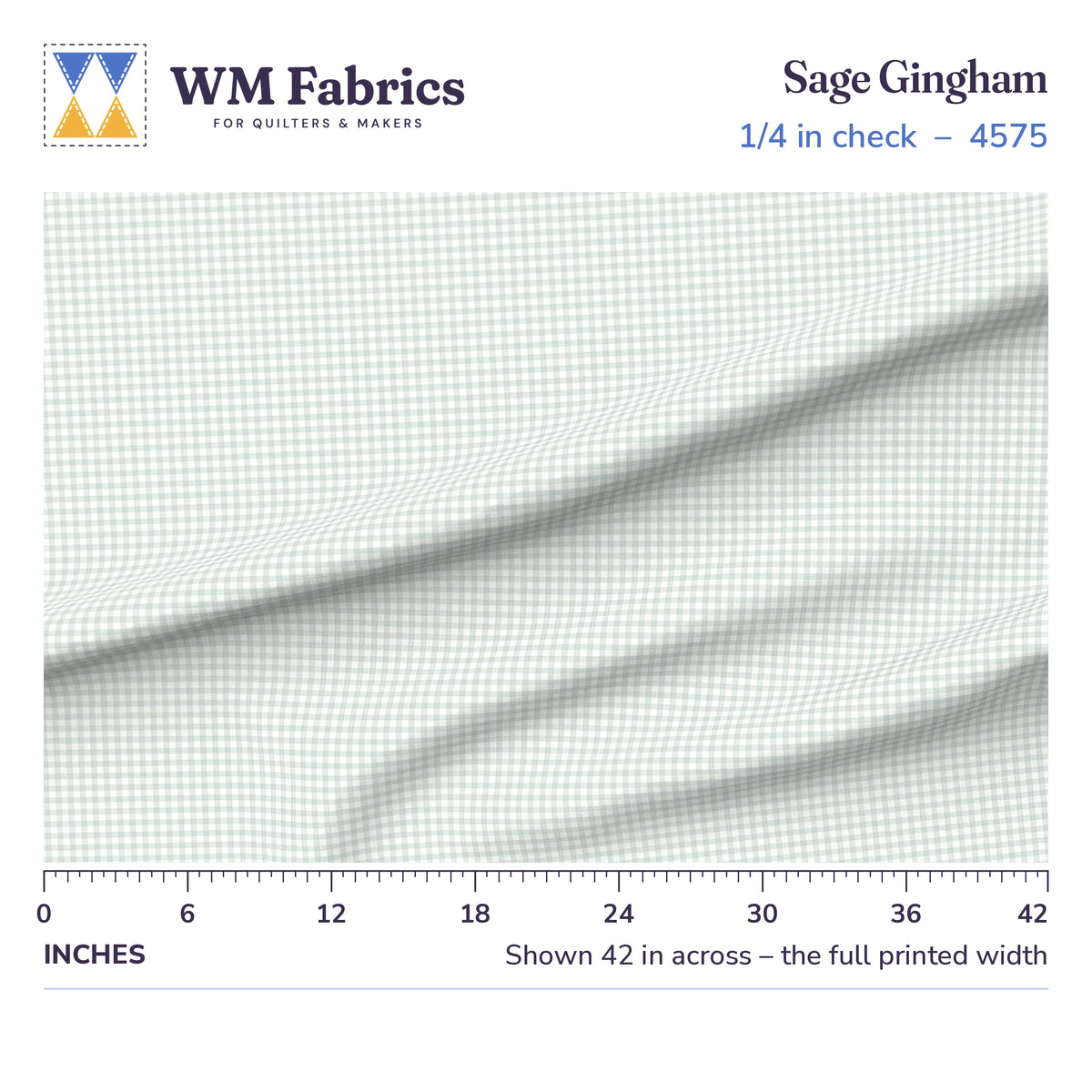 Sage green gingham, 1/4 inch check, shown 42 inches across with a ruler for true print scale