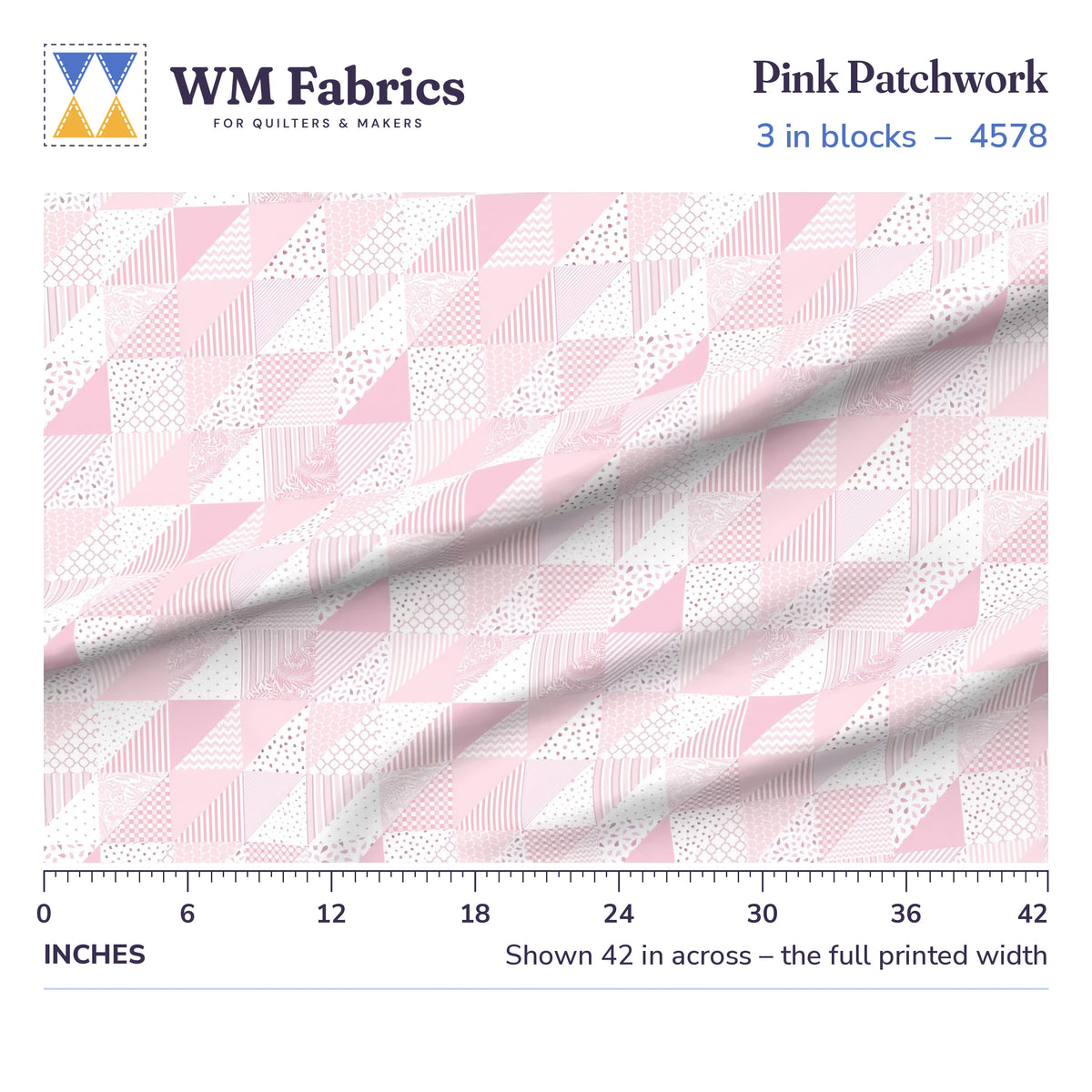 Pink Patchwork fabric, 3 inch blocks shown 42 inches across with a ruler for true print scale