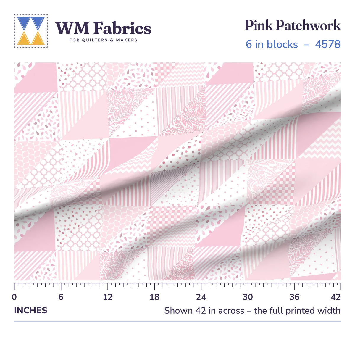 Pink Patchwork fabric, 6 inch blocks shown 42 inches across with a ruler for true print scale