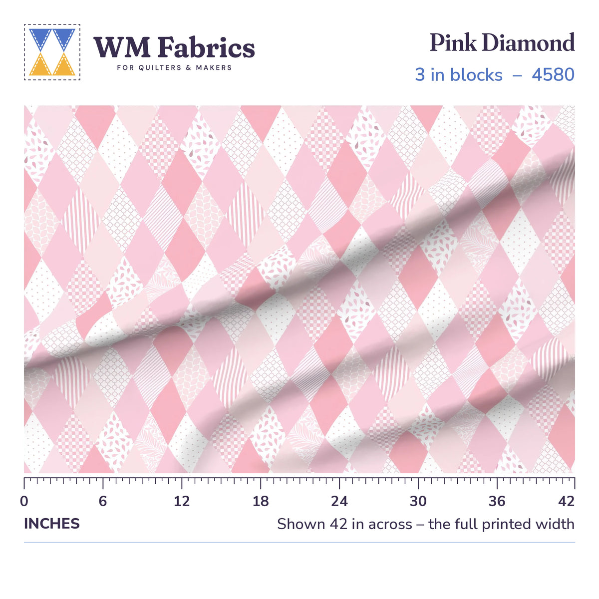Pink Diamond fabric, 3 inch blocks shown 42 inches across with a ruler for true print scale