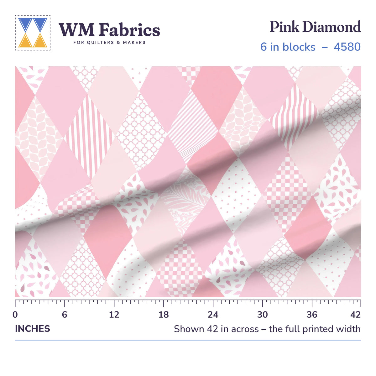 Pink Diamond fabric, 6 inch blocks shown 42 inches across with a ruler for true print scale