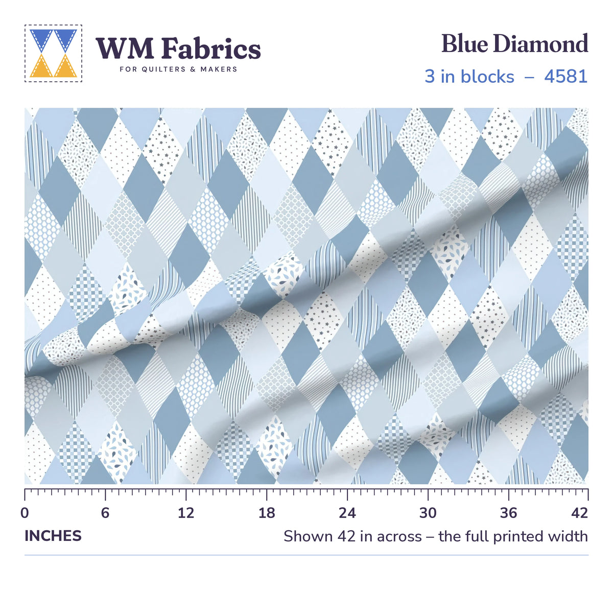 Blue Diamond fabric, 3 inch blocks shown 42 inches across with a ruler for true print scale