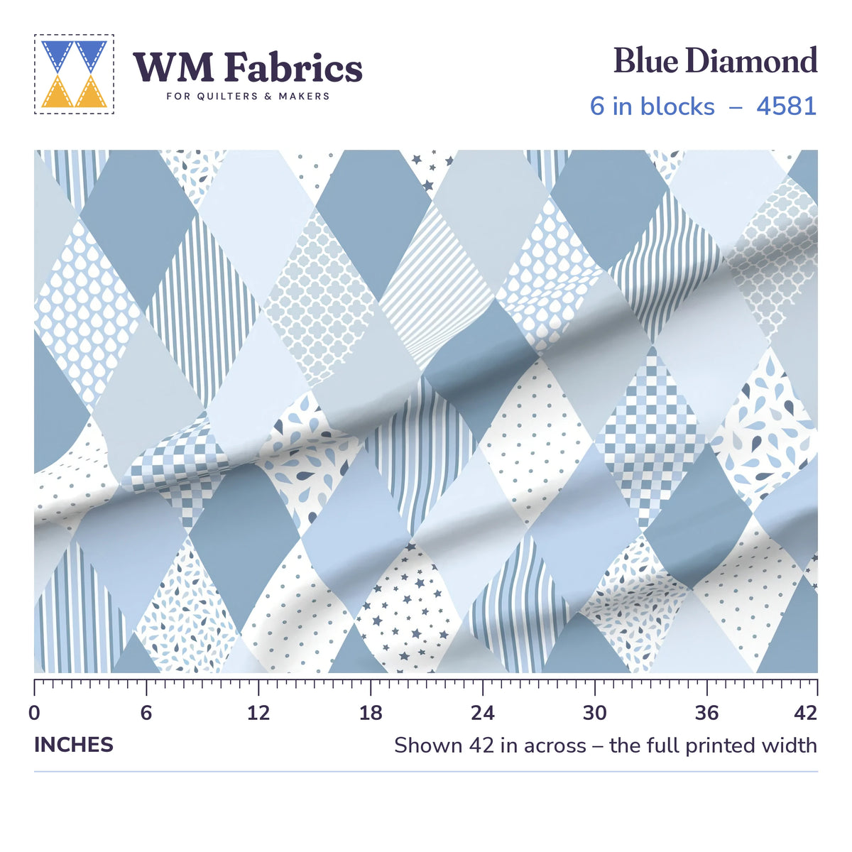 Blue Diamond fabric, 6 inch blocks shown 42 inches across with a ruler for true print scale
