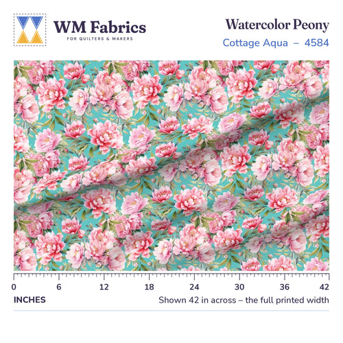 Watercolor Peony Aqua fabric shown 42 inches across with a ruler for true print scale