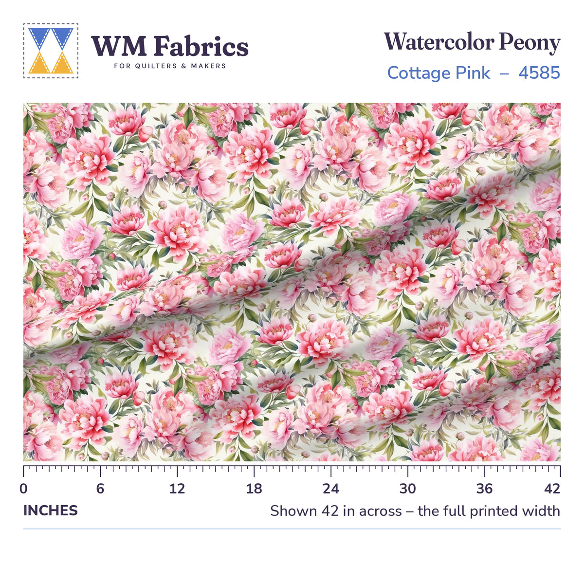 Watercolor Peony Pink fabric shown 42 inches across with a ruler for true print scale