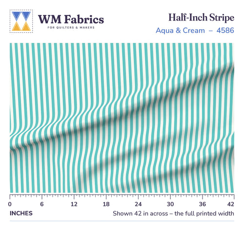 Half Inch Stripe Aqua fabric shown 42 inches across with a ruler for true print scale