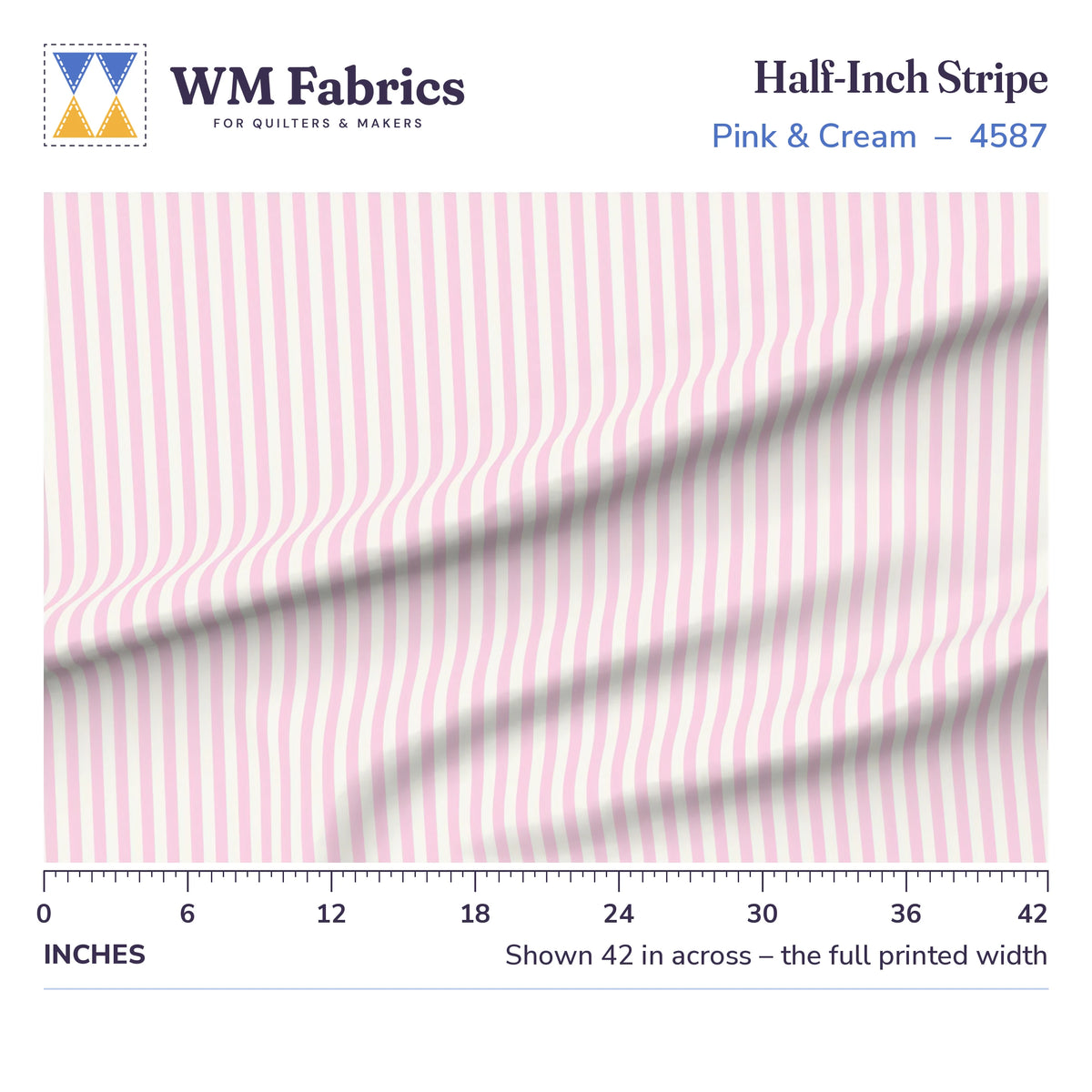 Half Inch Stripe Pink fabric shown 42 inches across with a ruler for true print scale