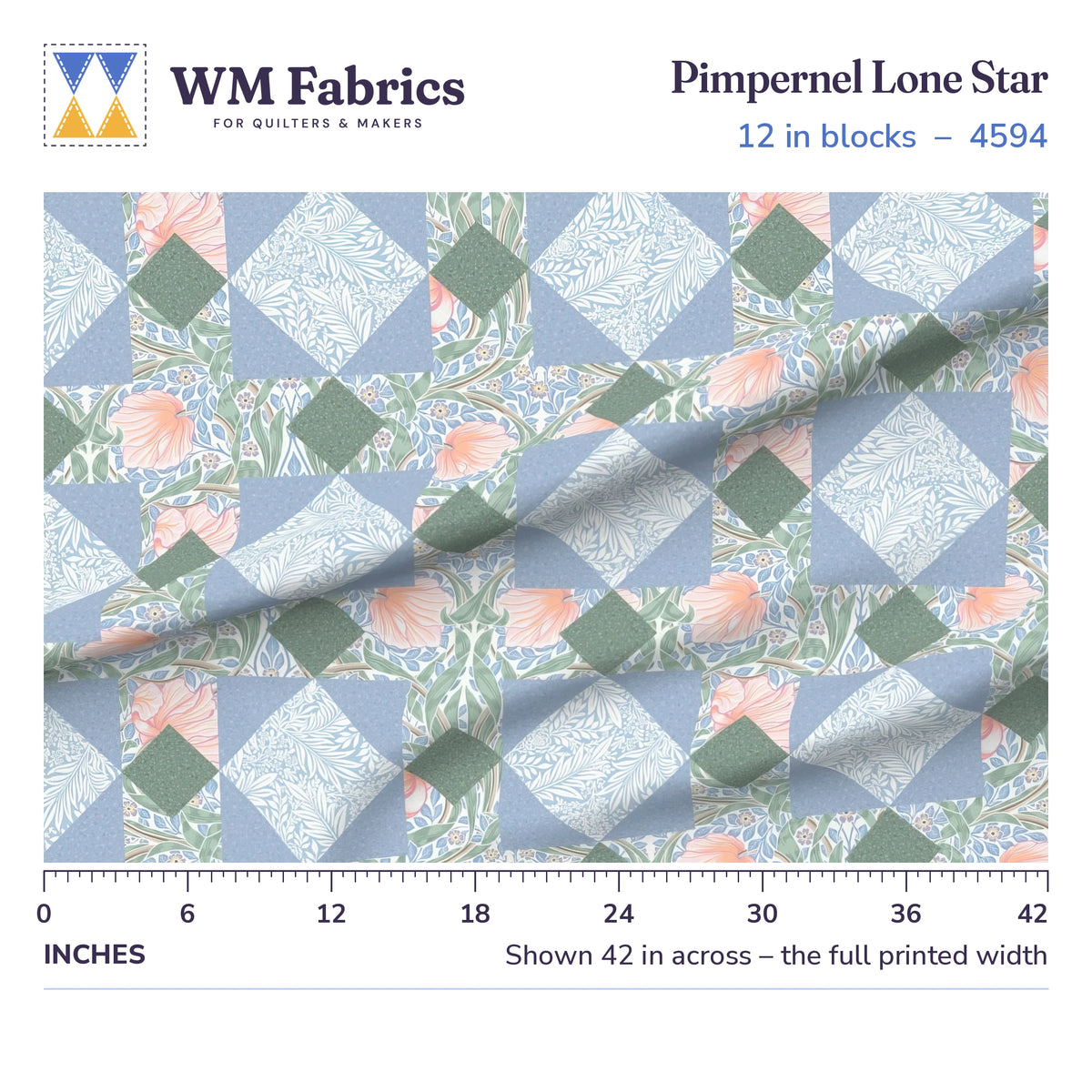 Pimpernel Lone Star fabric, 12 inch blocks shown 42 inches across with a ruler for true print scale