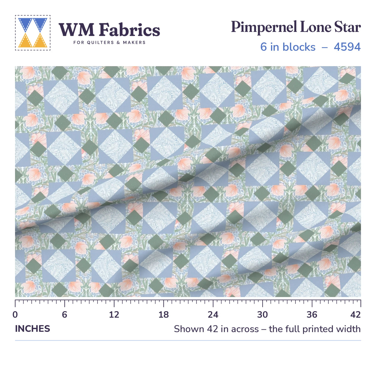 Pimpernel Lone Star fabric, 6 inch blocks shown 42 inches across with a ruler for true print scale
