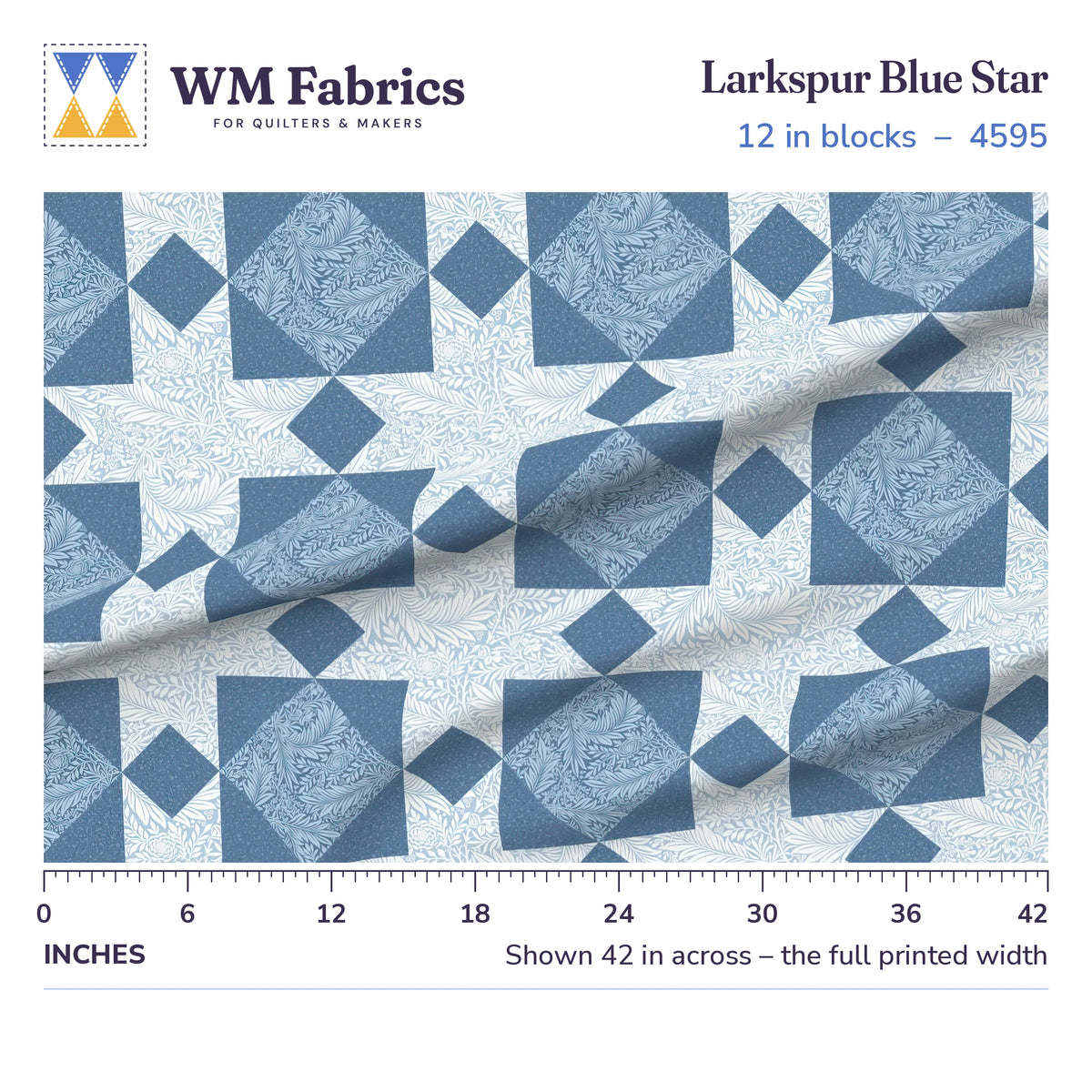 Larkspur Blue Star fabric, 12 inch blocks shown 42 inches across with a ruler for true print scale