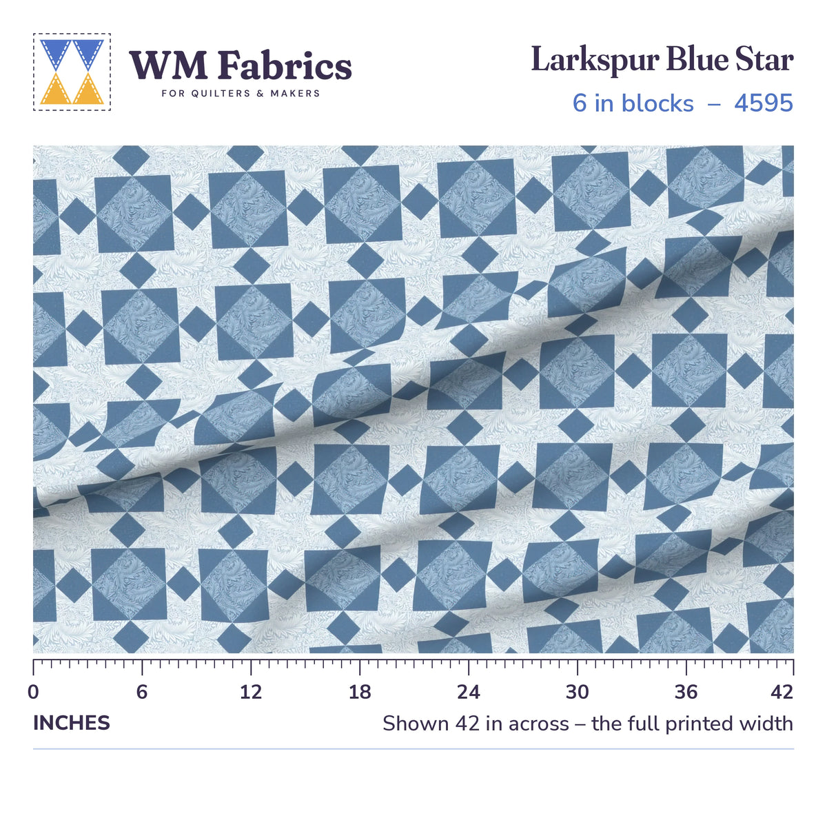 Larkspur Blue Star fabric, 6 inch blocks shown 42 inches across with a ruler for true print scale