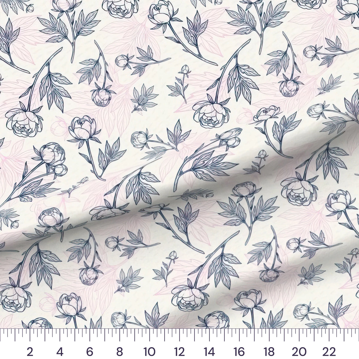 Peony Sketch Blush quilting cotton fabric – draped close-up with a ruler showing true print scale