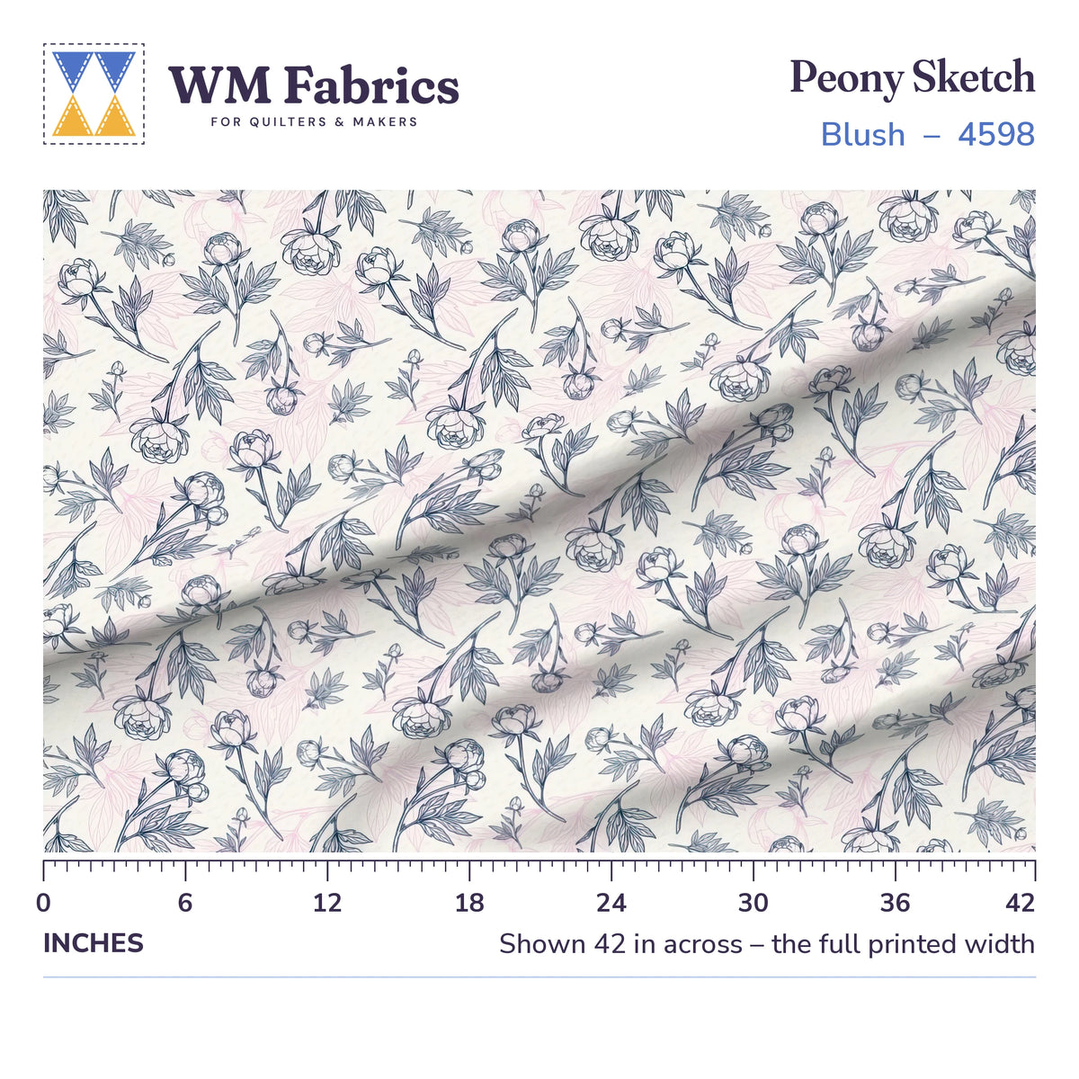 Peony Sketch Blush fabric shown 42 inches across with a ruler for true print scale