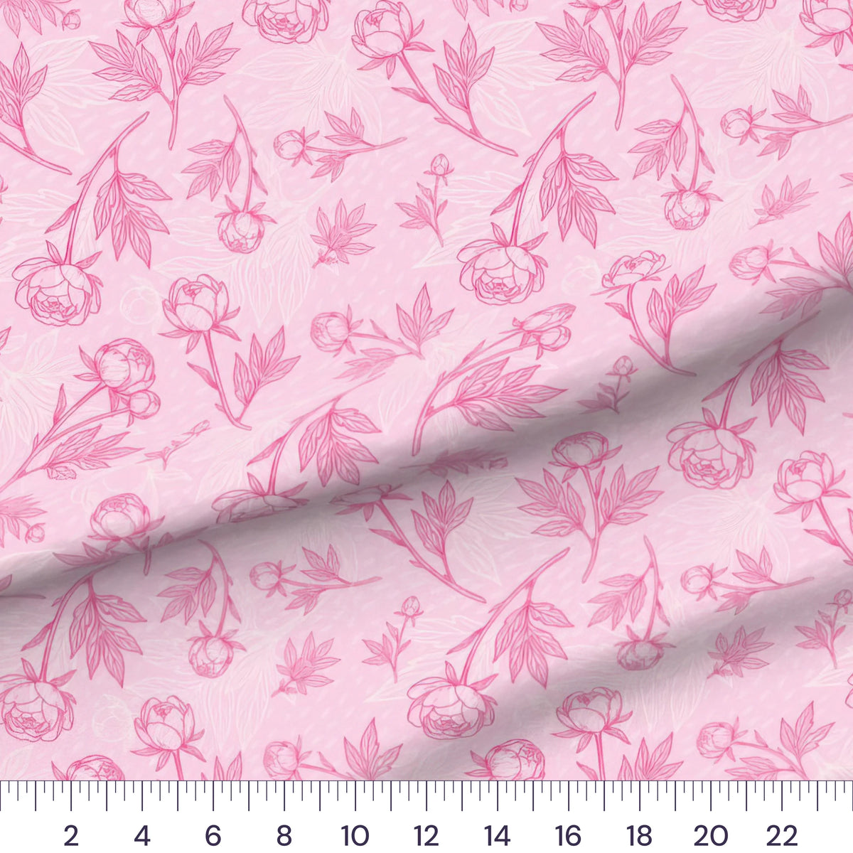 Peony Sketch Pink Stems quilting cotton fabric – draped close-up with a ruler showing true print scale