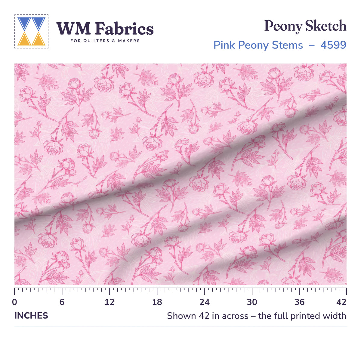 Peony Sketch Pink Stems fabric shown 42 inches across with a ruler for true print scale