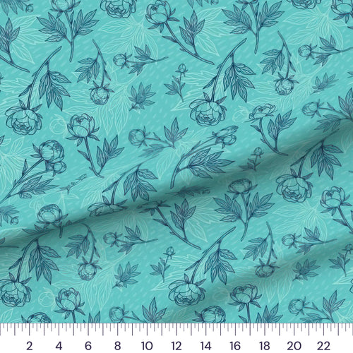 Peony Sketch Aqua quilting cotton fabric – draped close-up with a ruler showing true print scale