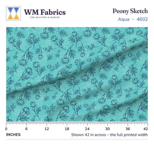 Peony Sketch Aqua fabric shown 42 inches across with a ruler for true print scale