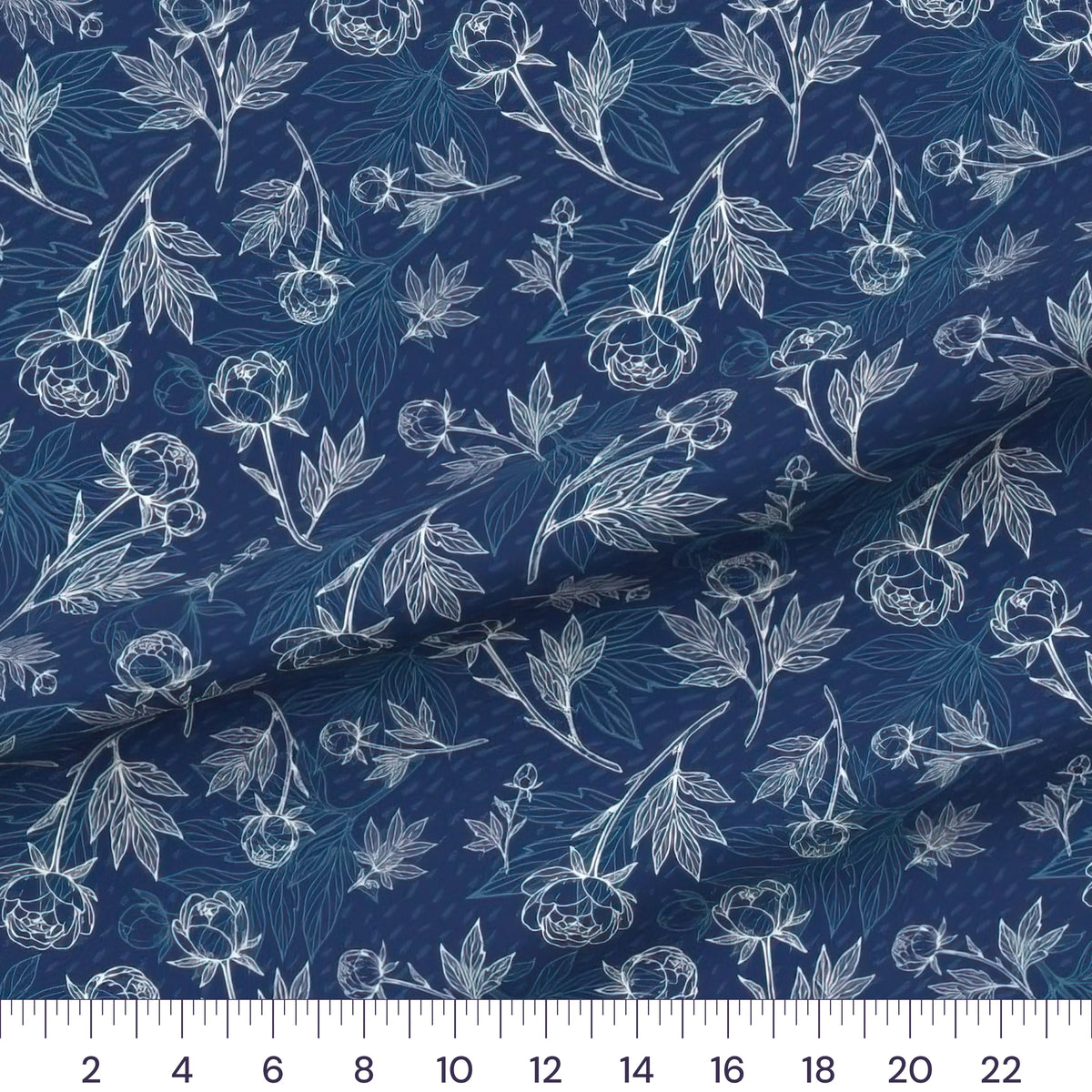 Peony Sketch Navy quilting cotton fabric – draped close-up with a ruler showing true print scale