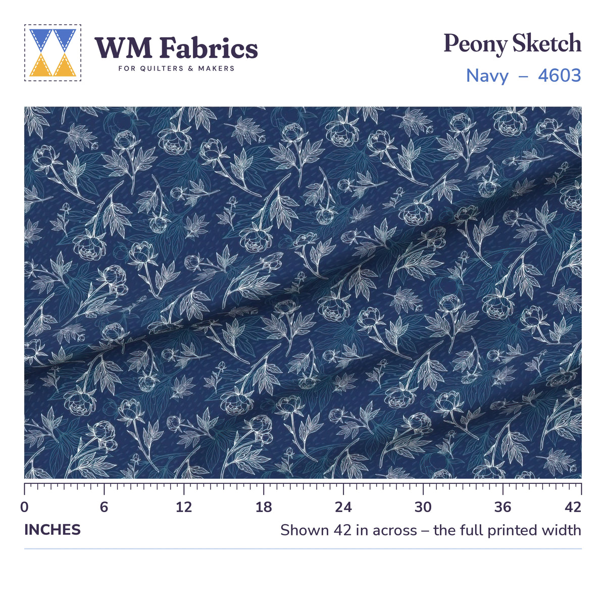 Peony Sketch Navy fabric shown 42 inches across with a ruler for true print scale