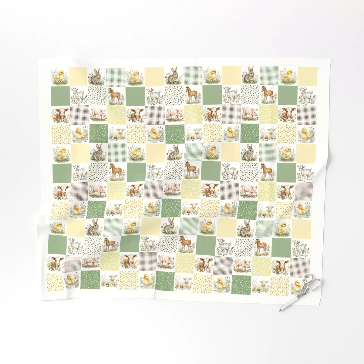 Farm Animals cheater quilt fabric, 3 inch blocks laid flat – a no-piecing faux patchwork quilt top
