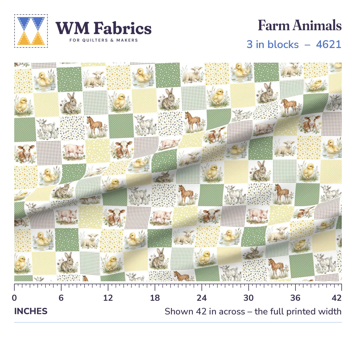 Farm Animals fabric, 3 inch blocks shown 42 inches across with a ruler for true print scale