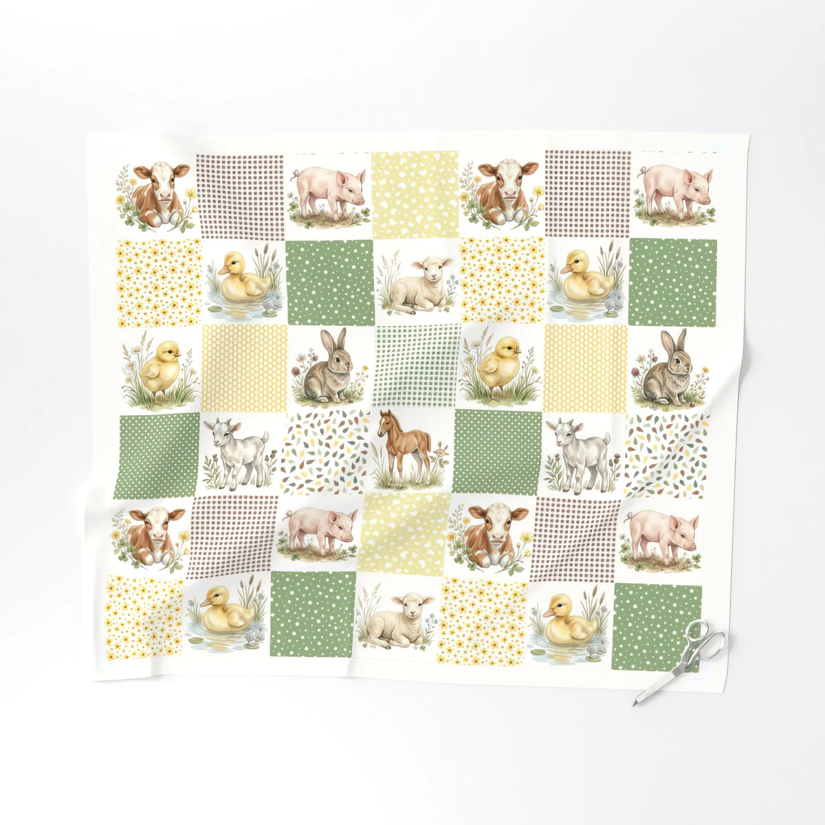 Farm Animals cheater quilt fabric, 6 inch blocks laid flat – a no-piecing faux patchwork quilt top