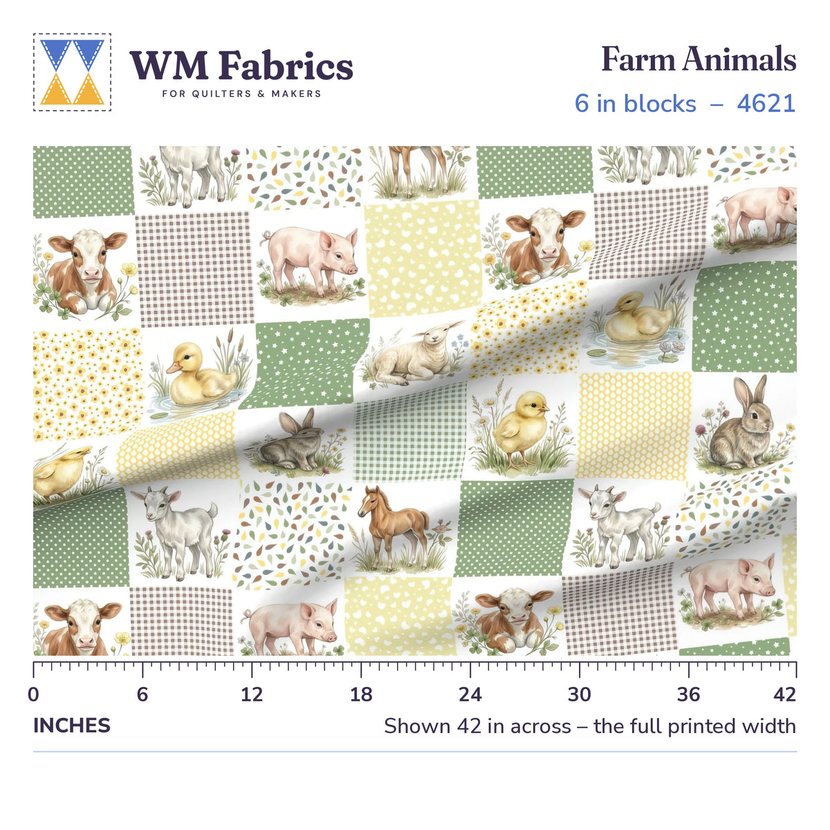 Farm Animals fabric, 6 inch blocks shown 42 inches across with a ruler for true print scale