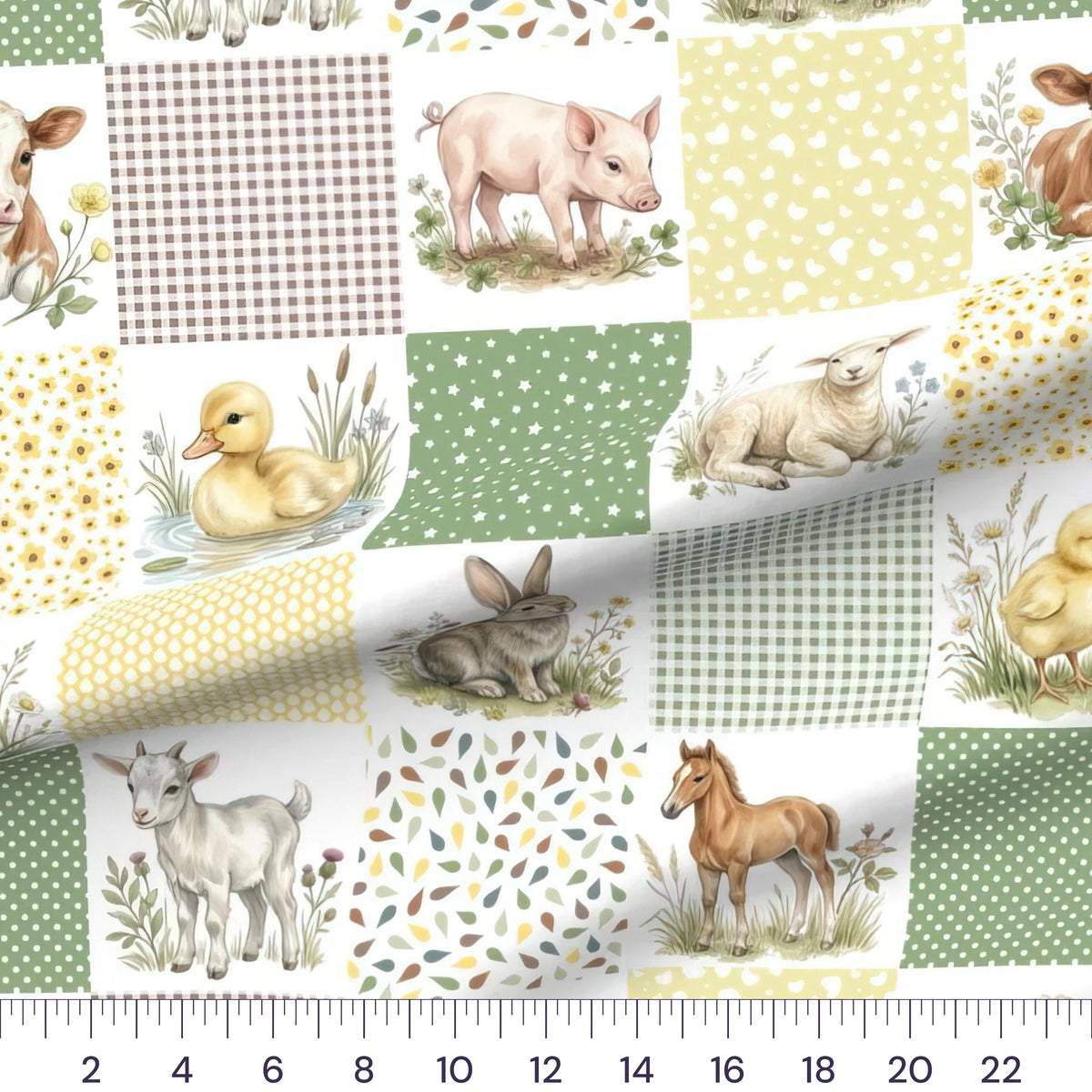 Farm animals cheater quilt fabric by the yard with 6 inch blocks, draped quilting cotton with a ruler showing true scale