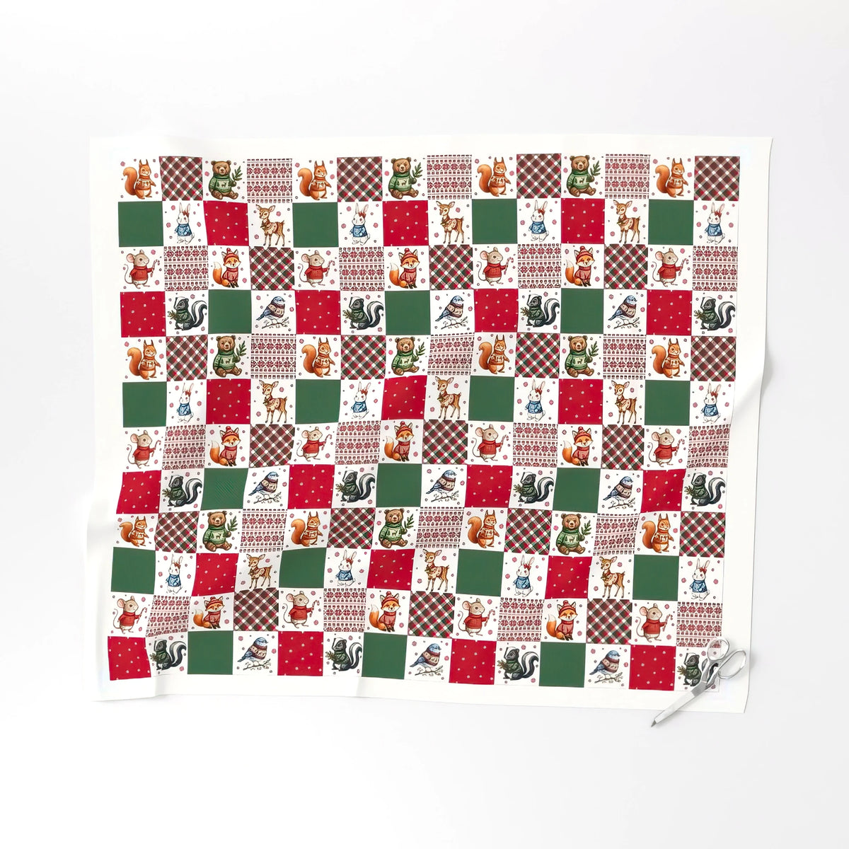 Woodland Christmas cheater quilt fabric, 3 inch blocks laid flat – a no-piecing faux patchwork quilt top