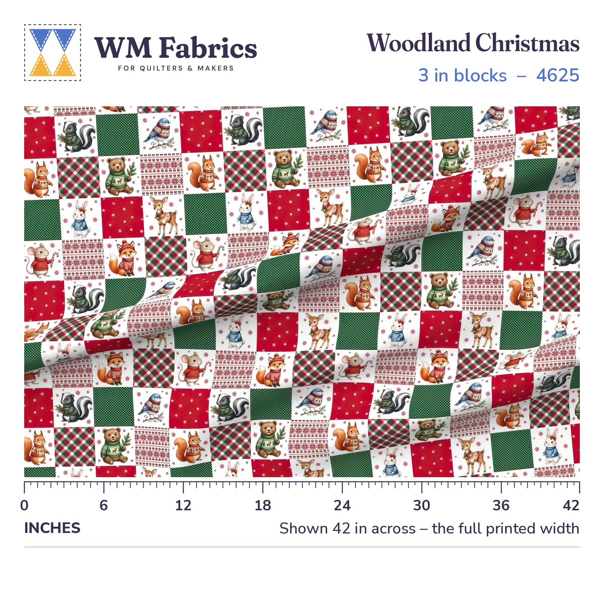 Woodland Christmas fabric, 3 inch blocks shown 42 inches across with a ruler for true print scale