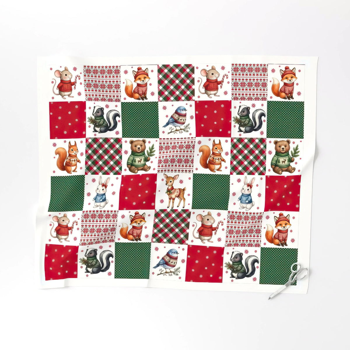 Woodland Christmas cheater quilt fabric, 6 inch blocks laid flat – a no-piecing faux patchwork quilt top