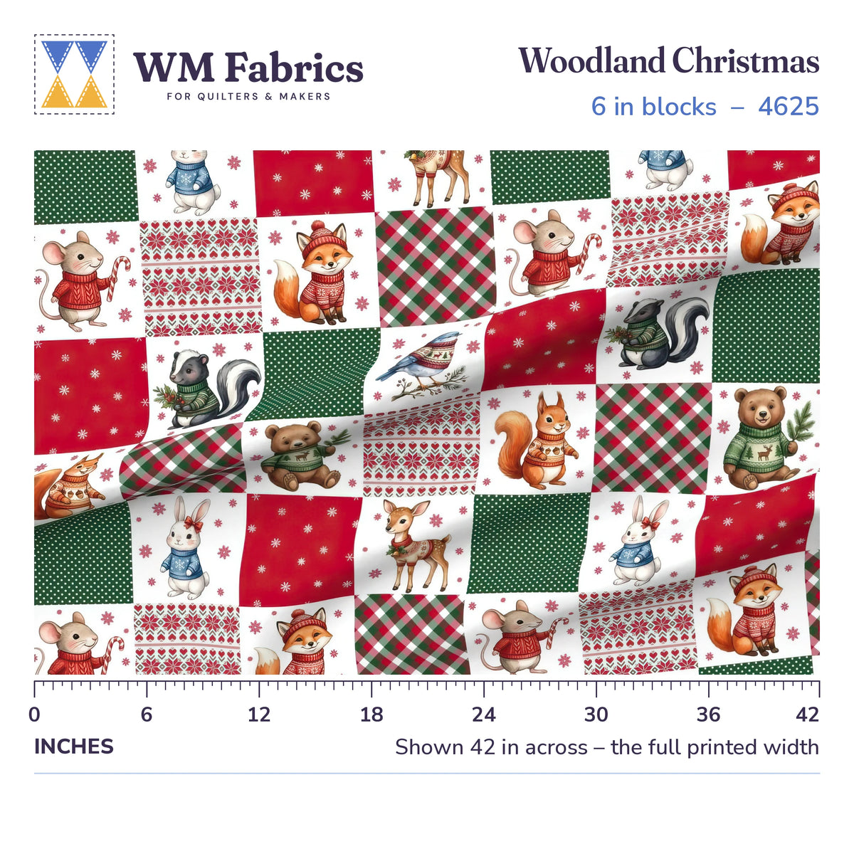 Woodland Christmas fabric, 6 inch blocks shown 42 inches across with a ruler for true print scale