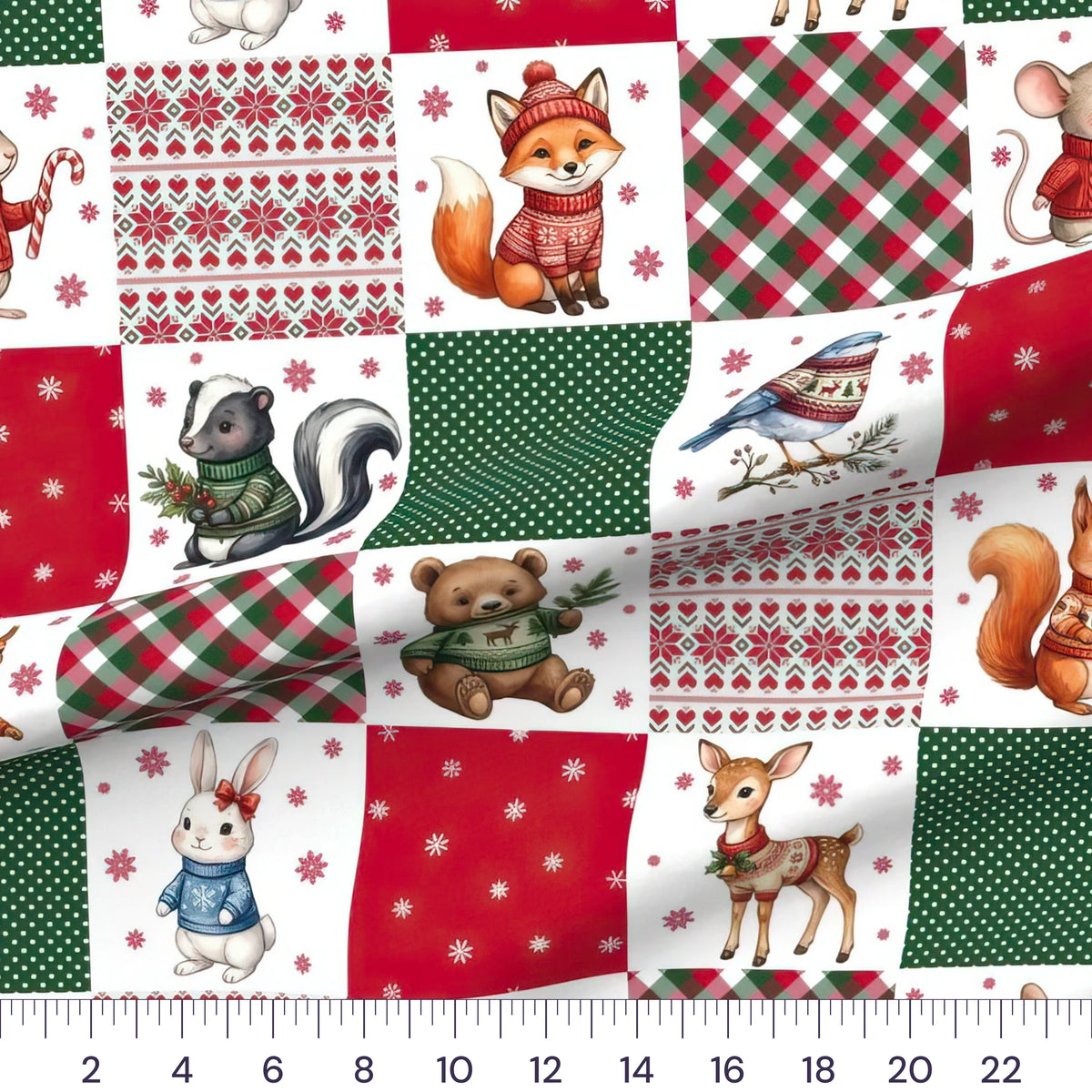 Woodland Christmas red and green cheater quilt fabric by the yard with 6 inch blocks, draped quilting cotton with a ruler showing true scale